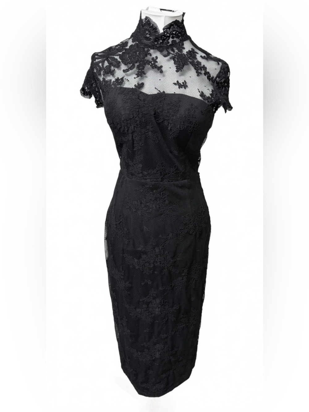 NWT Giselle & Sophia Black Harmony Lace Illusion Midi Dress M Mock Neck Cocktail